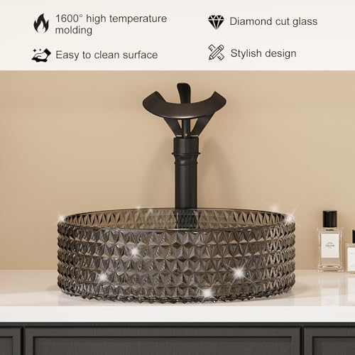 Lovedima Black Glass Vessel Sink, Bathroom Vanity Wash Sink Above Counter