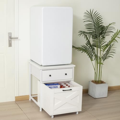 Farmhouse Mini Fridge Stand with Rolling Basket Cart - White