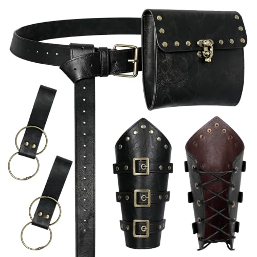 Image of Renaissance Belt Pouch Medieval Viking Leather Bracers Set for LARP