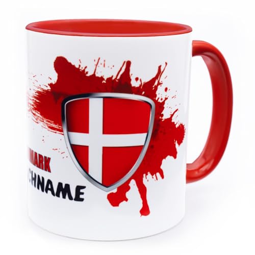 Dänemark Danmark Tasse mit Namen personalisiert Denmark Wappen dänische Flagge Fahnen Fanartikel Produkte 2026 Becher Geschenk Mann Frau Geburtstag Fussball dansk krus Kop Produkte Keramik 330 ml