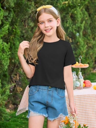 Image of Haloumoning Girls Summer Short Sleeve Shirt Kids Crewneck Curve Hem Soft Tunic Tops T-Shirts 5-14 Years