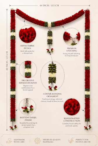 Image of Divyakosh Thoran Set (with Side Hanging), Toran for Main Door Entrance, Fabric, Handmade, Dark Red Floral Banderwal, Big Size, Width 44 Inches & Height 48 Inches