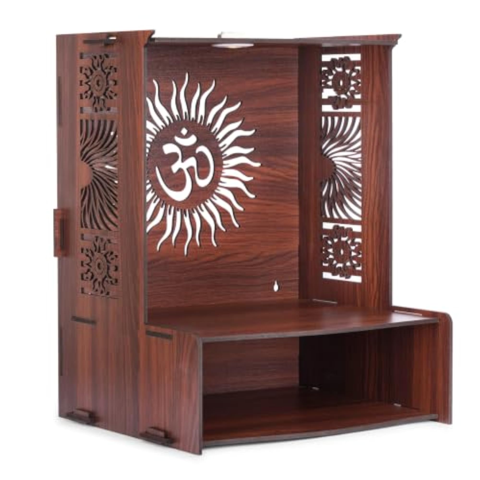Wooden Wall Mounted Pooja Mandir with Sun Rays Om Design