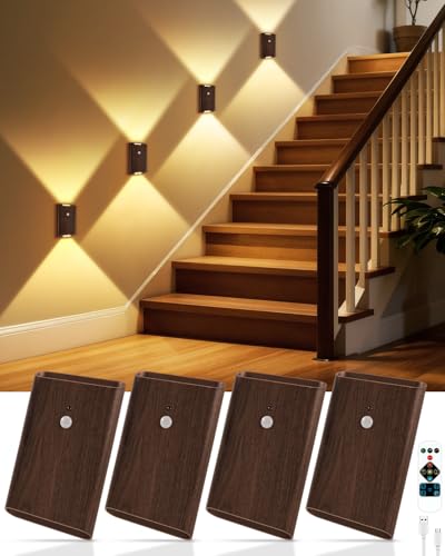 4 Pack Rechargeable Motion Sensor Wall Sconce with Remote Control (Walnut)