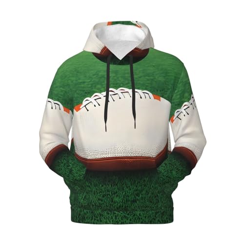 Men's Fleece Pullover Hoodies, White Rugby Ball Printed Casual Drawstring Hooded Sweatshirts4
