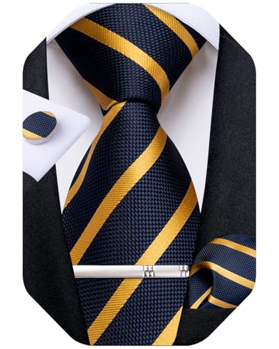 Image of DiBanGu Mens Tie Silk Plaid Striped Necktie and Pocket Square Cufflinks Tie Clip Set with Gift Box Formal Wedding Party
