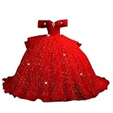 Uiykhr Red Puffy Tulle Quinceanera Dresses with Train Ball Gowns Sparkly Beading Pearl Sweet Sixteen Dresses Off The Shoulder Princess Prom Dresses with Bow Size 2