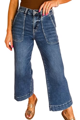 Urchics Womens Casual Pants Blue Cropped High Rise Wide Leg Jeans