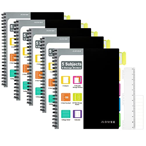 MOWEE Cuaderno en espiral, cuaderno de 5 materias, cuaderno de rayas universitarias con bolsillo divisor, etiquetas de pestañas (paquete de 5 negro)