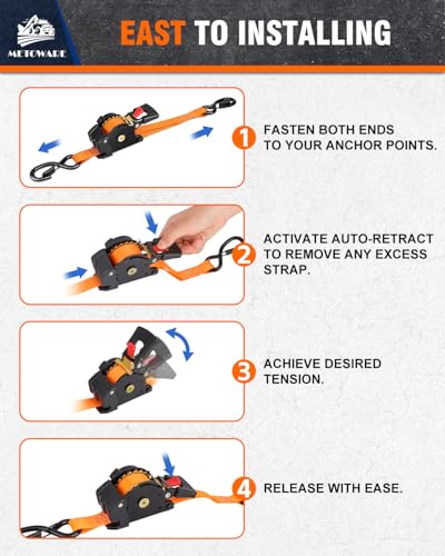 Image of METOWARE Retractable Ratchet Straps (2-Pack) - 1 in x 10 Ft (1500lb Break Strength) - Heavy Duty Auto Self Retracting Tie Down Straps for Truck, Trailer, Cargo Van, Motorcycle - Orange