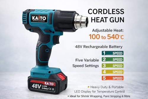 Image of KAITO Cordless Heat Gun 48V Li-ion 5.0Ah Battery | Digital Display | 3 Nozzle Attachments | Portable Hot Air Gun for Paint Removal, PVC Shrink, Craft & Mobile Repair | Overheat Protection