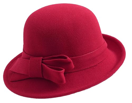 MESU Chapeau Cloche en Feutre Vintage pour Femme Style Années 1920 avec Bords Courbés Rouge