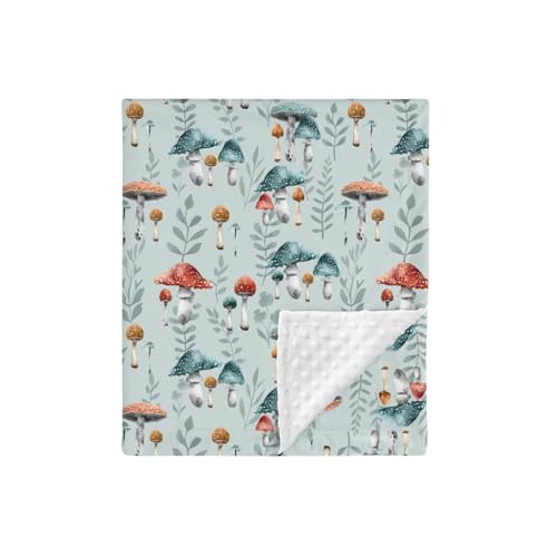 Image of HawSkgFub Boho Mushroom Forest Mink Baby Blankets Dotted Backing Boy Girl Shower Gift, Blue Magic Plant Double Layer Nursery Receiving Swaddle, Soft Newborn Infant Toddler Bed Crib Bedding 30 x 40