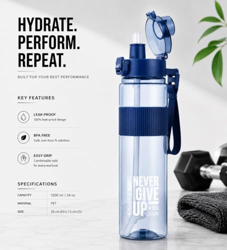 Image of Sports Water Bottle with Straw & Carry Strap | Leakproof BPA-Free Gym Bottle | Flip Lock Lid | MOTIVATIONAL NEVER GIVE UP BOTTLE | Office, School, Gym & Travel (Blue)