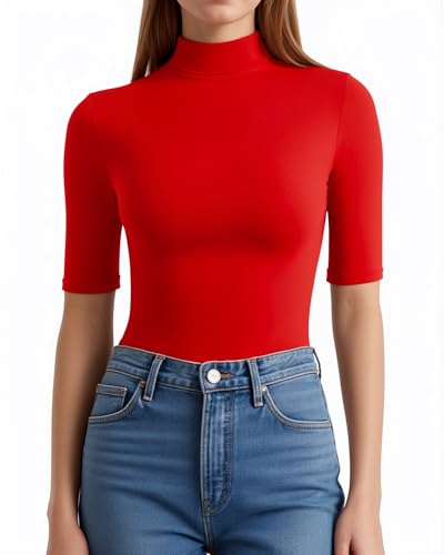 ALGALAROUND Camiseta de manga larga para mujer, cuello alto, media manga, cuello alto, camiseta básica, camiseta de manga larga, camiseta de manga larga para mujer 2025, traje de otoño, rojo, L