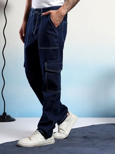 Image of KOTTY Men's Loose Fit Cargo Denim Jeans - Vintage Washed Utility Jeans with Side Pockets