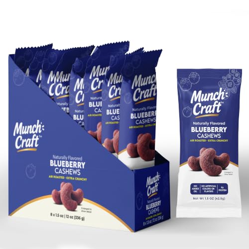 Image of Munch Craft Gourmet Blueberry Cashews (8-Pack Box) - Perfectly Balanced Flavor (Tangy Berry & Buttery) - Extra Crunchy Air-Roasted Nuts, Oil-Free - Eight 1.5 oz Snack Bags (12 oz Total)