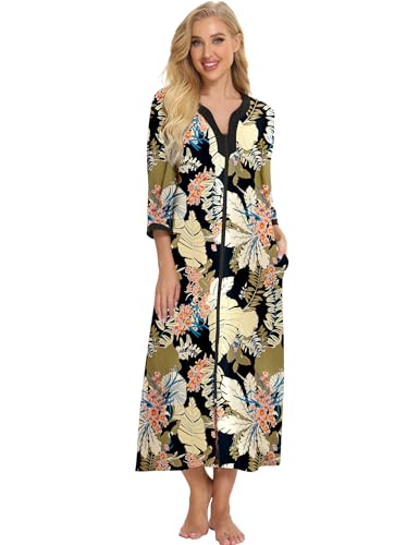 Image of Bloggerlove House Dresses for Women Zip Up Robes Soft Cotton Nightgown Half Sleeve House Coat Long Night Gowns Sleepwear