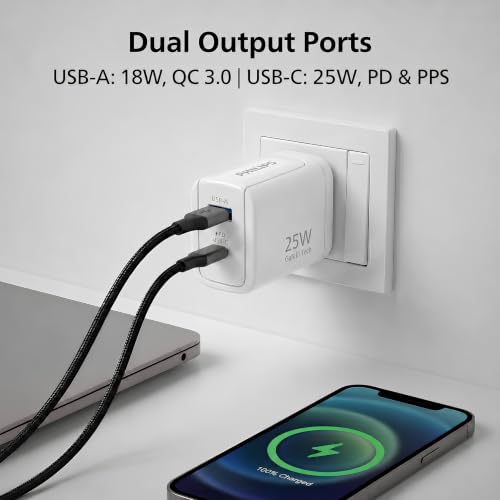 Image of Philips DLP4321NW /94 Gen III Tech 25W Fast Charging Wall Charger (Alba White) | USB-C PD + USB-A | 2-Port Multi-Device Charger for Smartphone, Tablet, Earbuds & Accessories | Compact Travel Adapter