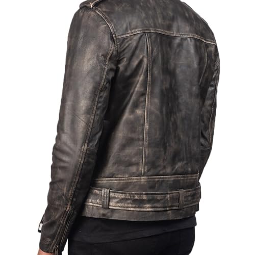 Image of Men's Leather Jacket Cafe Racer Biker Style Retro Stripes Jacket, Motorcycle Racing Leather Jacket Men