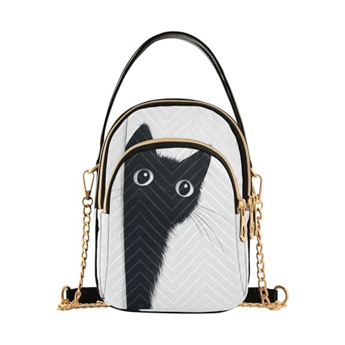 Cute Black Cat Peeking Women Trendy Quilted Crossbody Bag Sling Bags Handbags with Chain Strap Travel Cross Body Cell Phone Purses Bags