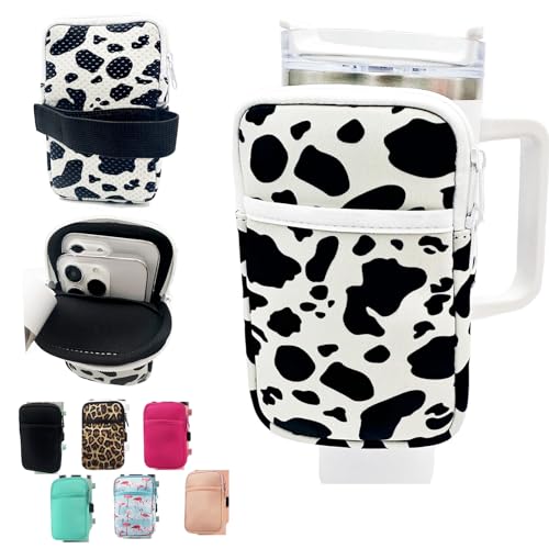 LMYUHONG Water Bottle Pouch for Stanley cup accessories 30/40oz with Versatile Phone Pocket, Arm Bag Non-slip waterproof Sports carrying bag Water Bottle Phone Holder for Gym- Cow print