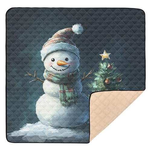 BOESI Doodle Cute Snowman Pattern Baby Play Mat, 50“ X 50” Washable Folding Crawling Mat, Baby Floor Mat, Soft, Thick, Non-Slip