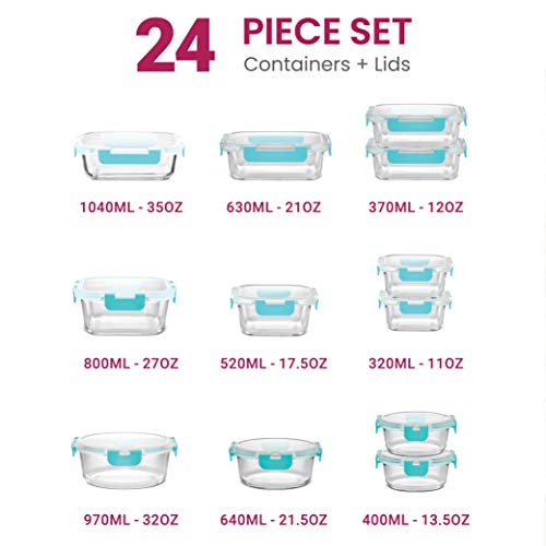 FineDine 24 Piece Glass Storage Containers with Lids - Leak Proof, Dishwasher Safe Glass Food Storage Containers for Meal Prep or Leftovers, Teal
