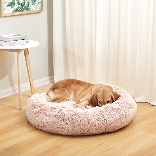 Image of Bedfolks Calming Donut Dog Bed - 36 inch Round, Fluffy, Anti-Anxiety, Machine Washable Pet Bed (Pink, Large)