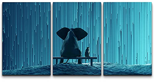 Wall26 Canvas Print Wall Art Set Elephant & Dog With Geometric Star Rain Astronomy & Space Sky Illustrations Realism Landscape Colorful Multicolor Ultra For Living Room, Bedroom, Office - 16"X24"X3 #TOP28