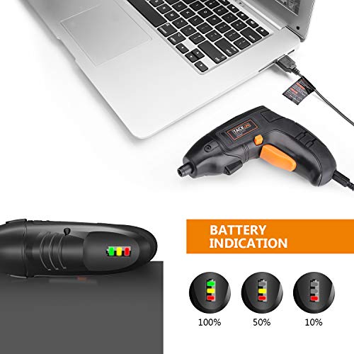 TACKLIFE Electric Screwdriver, 4V Max Cordless Screwdriver Rechargeable with Micro USB, Front LED Light, 10 pcs Screwdriver Bits, 3 Battery Indicator, Compact and Lightweight Design SDP60DC