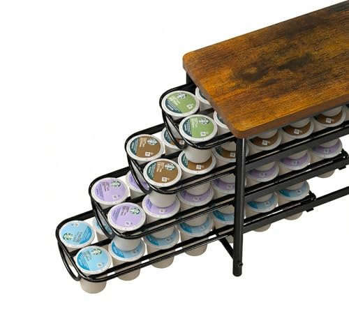 Image of HFHOME Coffee Pod Holder with Wooden Top, Compatible with K-Cups, 4-Tier Coffee Capsule Storage Drawer, 56 Capacity Pods Organizer for Kitchen Counter, Home, Office, Black
