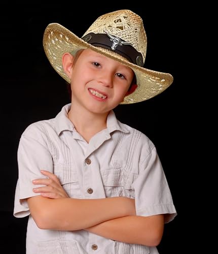 Jastore Kids Western Cowboy Hat Toddler Straw Sun Hat Boy Girl Cowgirl Hat with Belt Buckle Headband4
