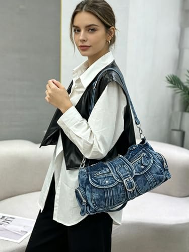 Image of Designer Denim Handbags for Women Hobo Tote Bag Crossbody Denim Purses Blue Jean Shoulder Bag