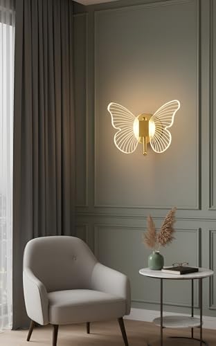 Image of Acrylic Butterfly Shape LED Wall Light for Living Room, Bedroom & Hall | Modern Decorative Lamp with Gold Finish | 3 Light Modes - Warm, Neutral & White | Wall Decor Light (Pack of 1)
