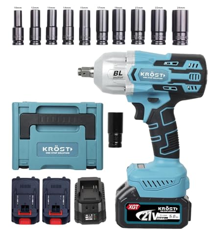 Image of Krost Pro Series 1000Nm Combo Torque Cordless Impact Wrench 1 /2 inch, Brushless Motor 21V(37V Max) Double Li-Ion Batteries(Cordless Wrench + 10Pc Impact Socket) - Fixed Square