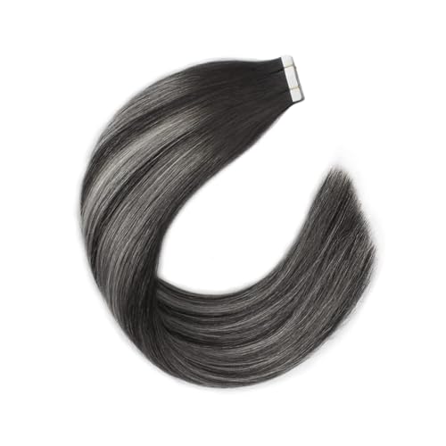 Image of Sixstarhair Ombre Tape in Hair Extensions Natural Black to Silver White with Black highlighted Tape in Hair Extensions Real Human Hair Silky Straight Soft Hair 20pcs 50g [Color 1BT1B-silver# 16inch]