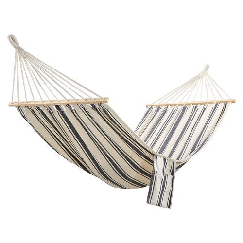 VonHaus Garden Hammock - 1 Person Striped Hammock with Rope Attachments & Storage Bag - Polycotton Single Portable with Travel Bag for Beach Camping & Outdoors - Blue & White Stripe