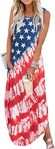 Image of LLHXRUI American Flag Maxi Dress for Women 4th of July Patriotic Long Tank Dress Casual Loose Pocket Dresses
