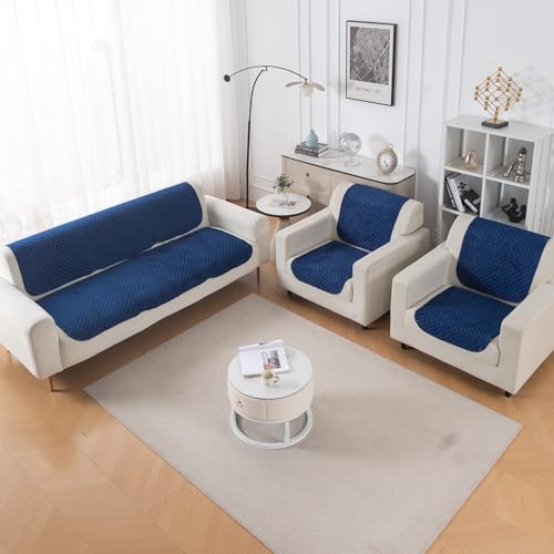 Image of HOKIPO Quilted Sofa Cover 5 Seater Set - Washable 3+1+1 Sofa Cover for Seat & Back | 'Quilt Classic' Navy Blue (IN-927 * 2+925 * 4-NBL)