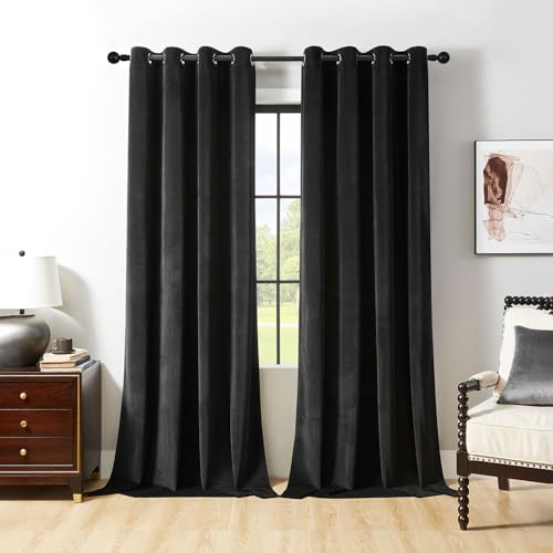 Joydeco Cortinas Opacas de Terciopelo Negro de 90 Pulgadas de Largo, Cortinas Opacas de Lujo con Ojales, 2 Paneles, Aislamiento térmico, oscurecimiento de la habitación, Cortinas de Ventana para