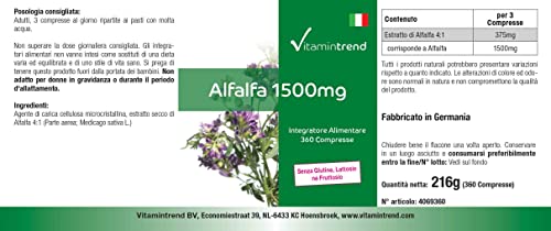 Vitamintrend Alfalfa 500mg, 360 Tabletten, 4:1 Extrakt, Nahrungsergänzungsmittel vegan ohne Magnesiumstearat, in Deutschland hergestellt