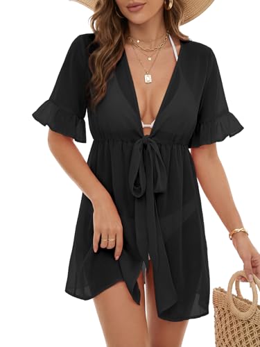 LYANER Women's Tie Knot Front Coverup V Neck Ruffle Sleeve Beach Cover Ups Cardigan Tops Black Small