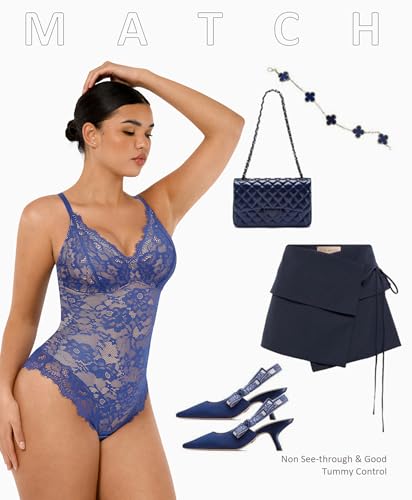 Image of FeelinGirl Shapewear Bodysuits for Women Lace Shapewear Tummy Control V-Neck Sleeveless Bodysuit Tops Jumpsuit
