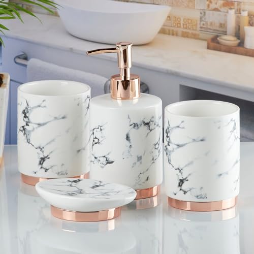 Image of SaSaSa Ceramic Bathroom Accessories Set of 4 Modern Bath Set with Soap Dispenser & Toothbrush Holder, Luxury Home & Gift Idea, White /Gold (9600)
