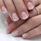 24 Pcs Press on Nails Fake Nails White French Tip Press on Nails Short with Flower Pattern Artificial Finger Manicure for Women and Girls (044)