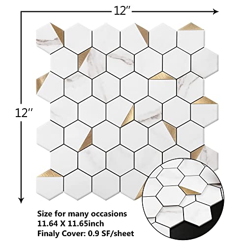 Kasaro 10-Sheet Peel And Stick Backsplash, 0.16In Thickness Aluminum Mosaic Stainless Steel Self Adhesive Tile For Kitchen Wall Bathroom Hexagon, Golden #TOP1