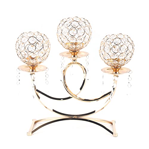 3-Arm Golden Bowls Tealight Candelabra Candle Holder, Crystal Candle Holders Table Candelabras Buffet Cabinet Candelabra Ornaments Table Centerpieces Candelabra Centerpiece for Wedding, Christmas
