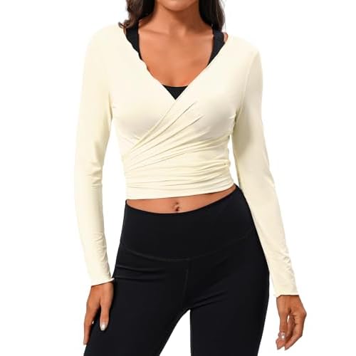 Totatuit Womens Tie Front Wrap Tops Long Sleeve Bolero Shrugs Crop Cardigan Yoga Ballet Cover up Tops Pilates Outfits Beige X-Large