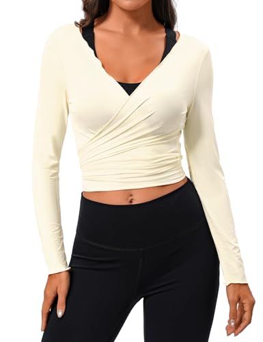 Women Long Sleeve Ballet Pilates Yoga Wrap Tie Front Tops Workout Gym Shirts Cardigan Beige Medium